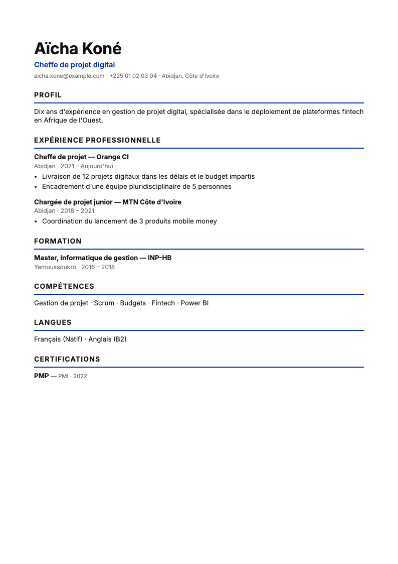 Aperçu d'un modèle de CV anglophone ATS