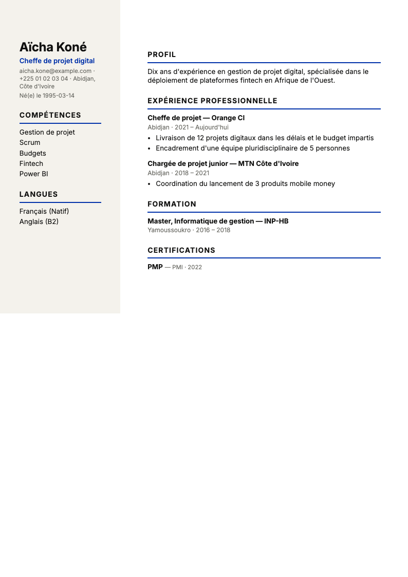 Aperçu d'un CV CVSuit adapté au marché